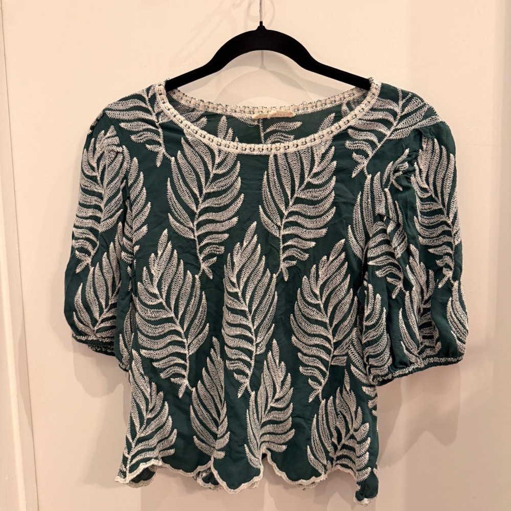 Solitaire Embroidered Leaf Puff Sleeve Top Large Boho Cottagecore Green